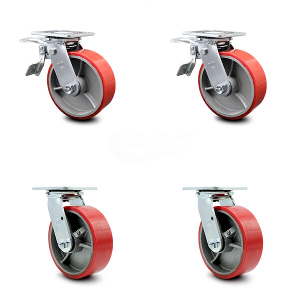 6 Inch Red Poly on Steel Caster Set with Roller Bearing 2 Total Lock Brake SCC